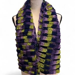New Purple Green Navy & Lavender Crocheted Scarf Women's Soft Cozy Handmade